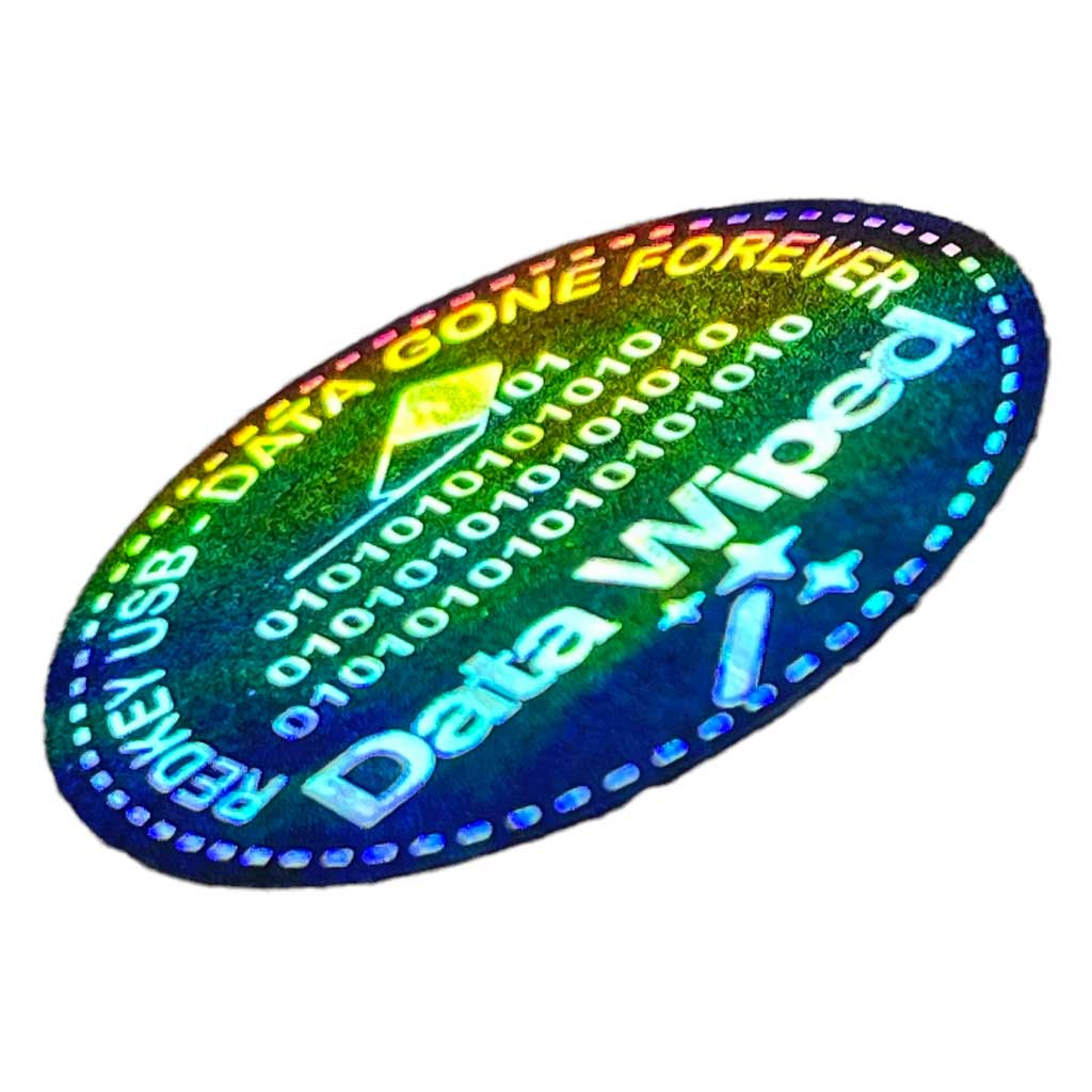 Data Wiped Stickers - Pack of 100: single holographic blue and green sticker