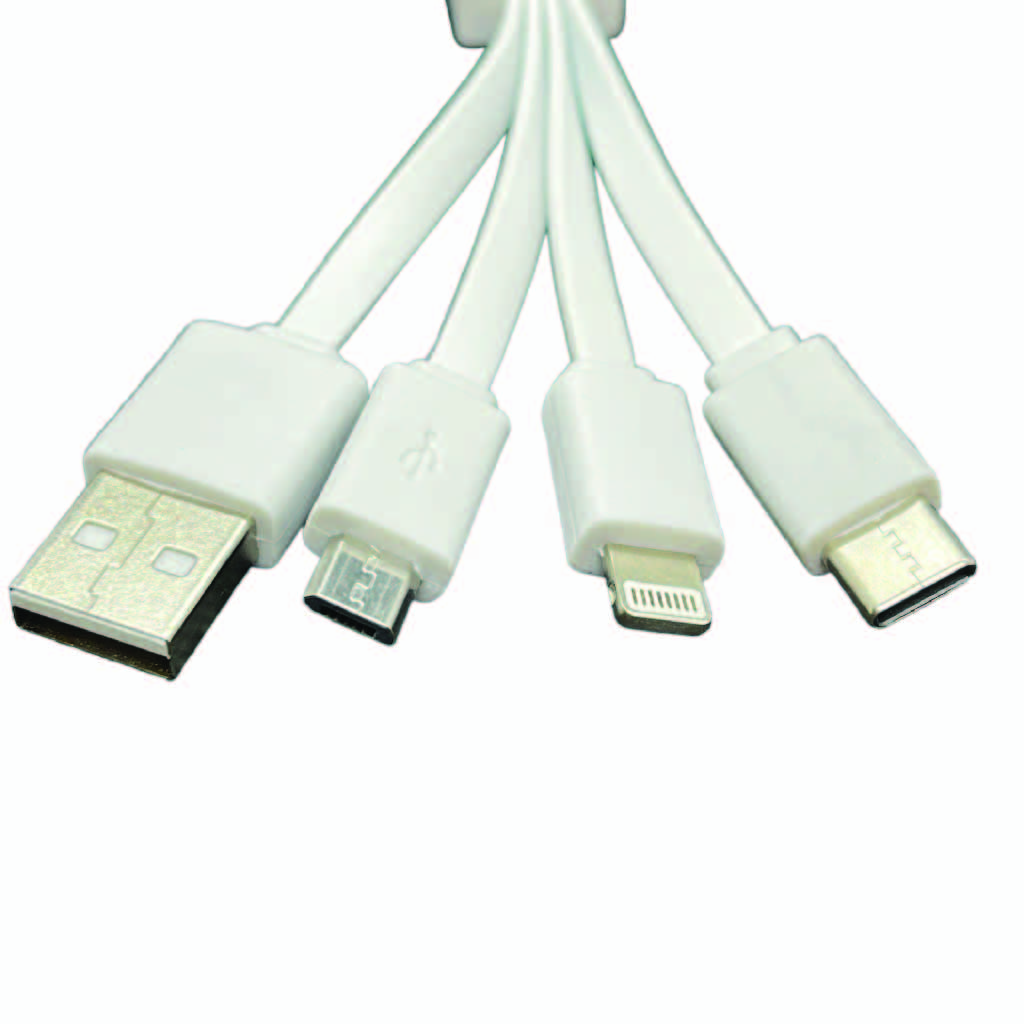 Smartphone 4-in-1 Data Cable: close-up of the USB-A, USB-C, Micro-USB and Lightning connectors