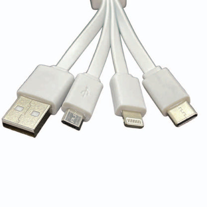 Smartphone 4-in-1 Data Cable: close-up of the USB-A, USB-C, Micro-USB and Lightning connectors