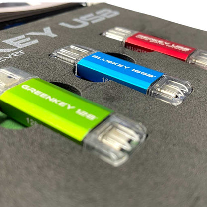 Redkey USB Ultimate Data Wipe Kit: close-up of Redkey Ultimate, 16GB Bluekey and 128GB Greenkey